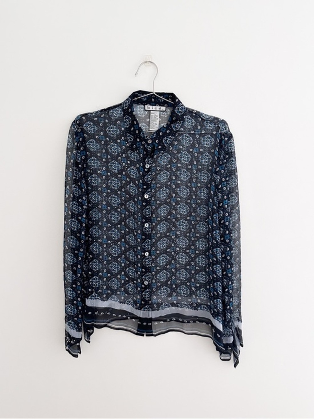 Vintage 90s Silk Sheer Button Up Blouse Black Blue Print Long Sleeve Size 12